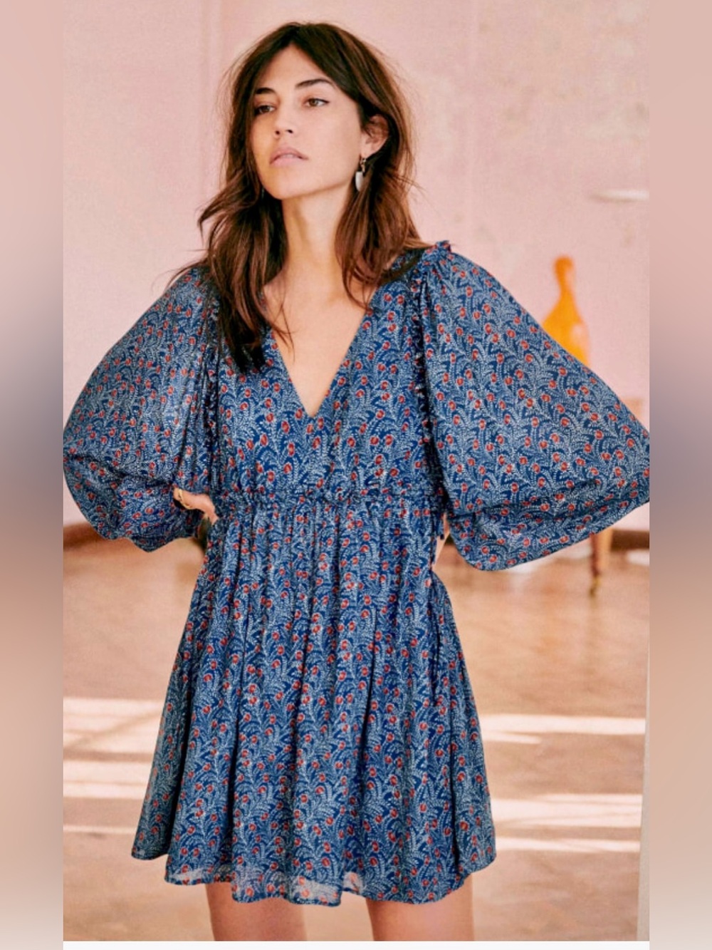 Sezane Blue Floral Aurena V-Neck Puff-Sleeve Mini Dress Size 38